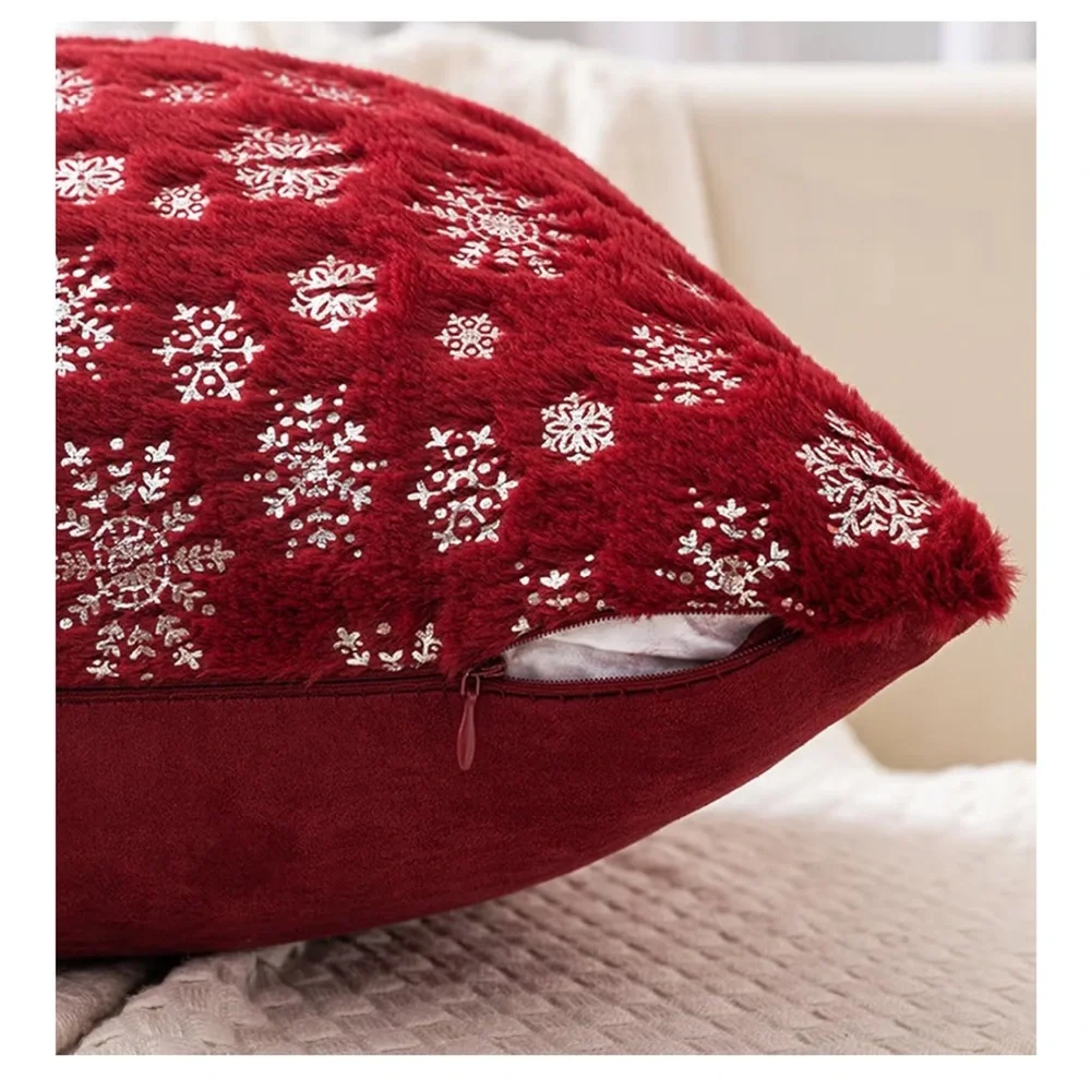 Snowflake Faux Fur SQUARE Pillow Covers RED/SILVER 18x18” (2-Pack)